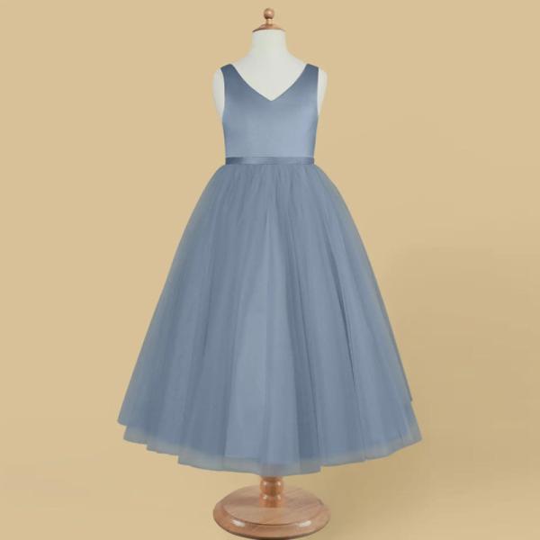 New Design Blue Tulle Flower Girl Dress Children's Dresses Gown V-neck Customized Sleeveless