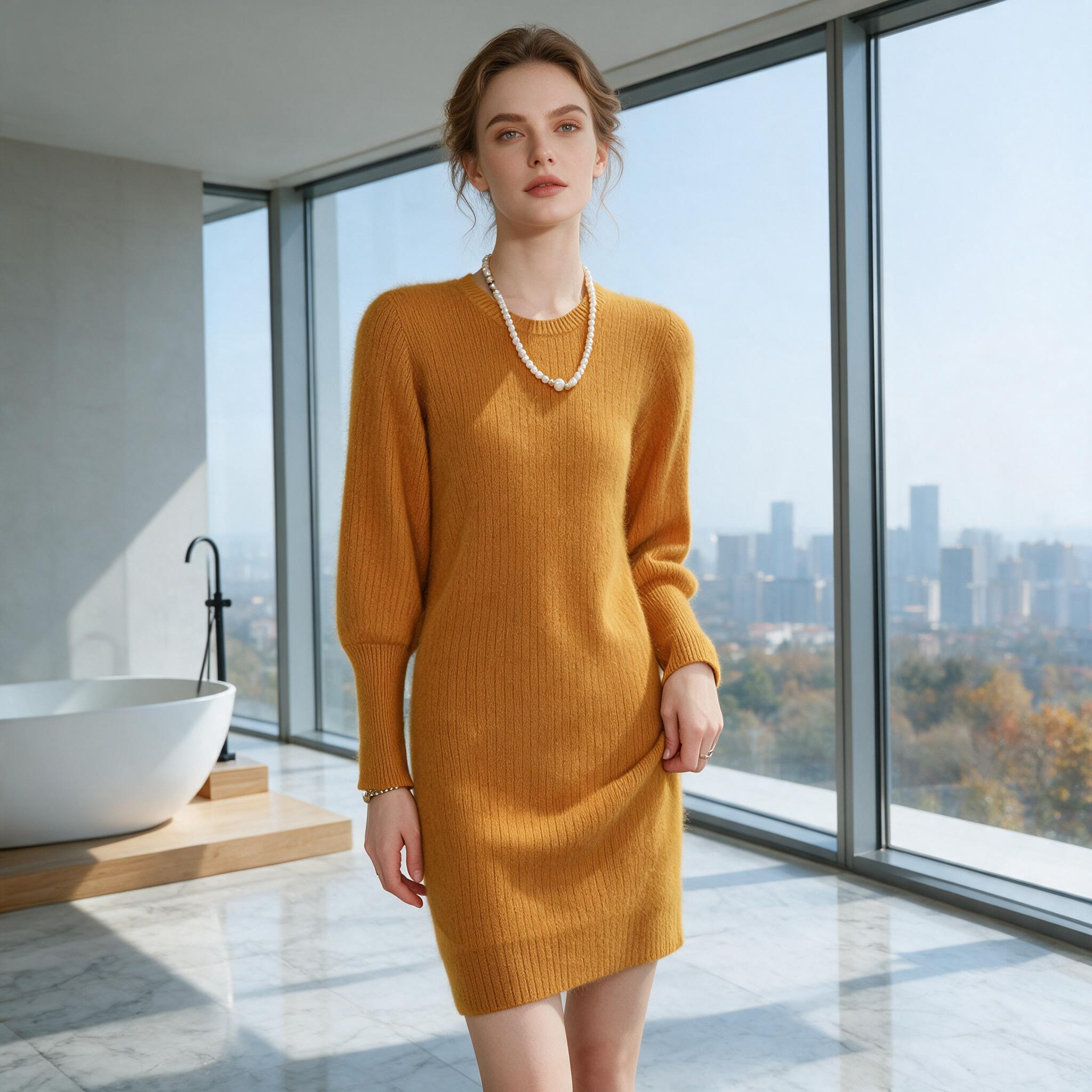 Autumn and Winter Women's 100% Wool Sweater Dress with O-Neck and Hand Woven Details