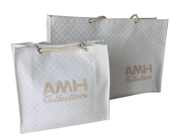 Bridal White Quilted NonWoven  Fabric  Small Square Veins Burning Letter Logo Cotton Rope