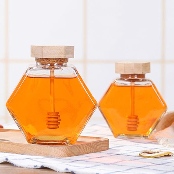 Wooden Dripper Heat Resistant Hexagon Glass Honey Jar