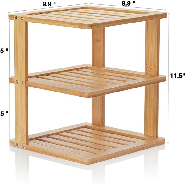 Bamboo Free Standing Wood Rack , Kitchen Countertop Corner Shelf 10x10x11.5 Inches