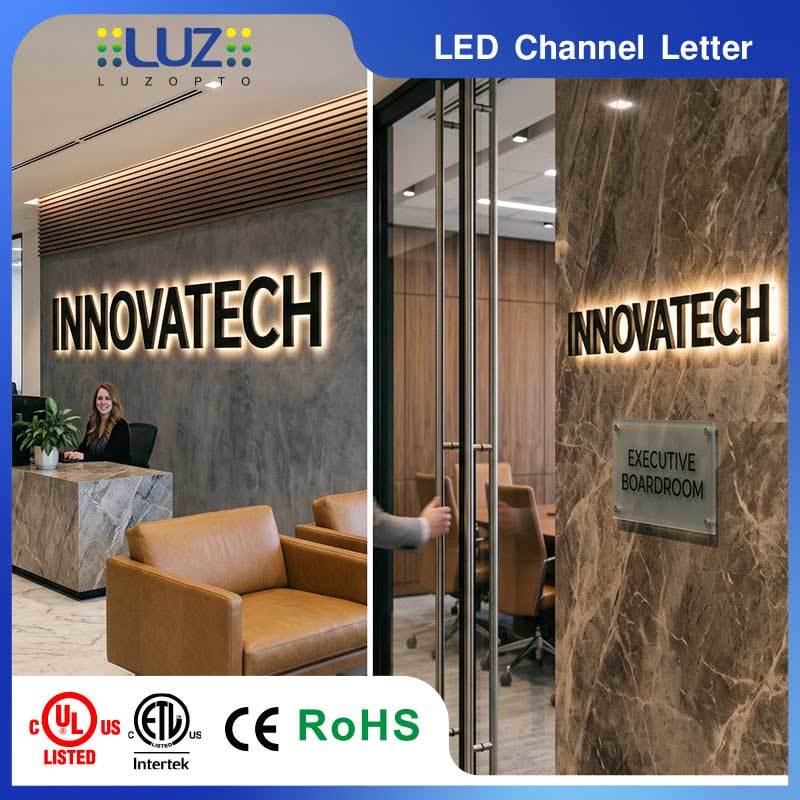 Matt Black Painted Metal Shell Warm White Halo Lit LED Signage With Standoffs For Corporate Office Lobby