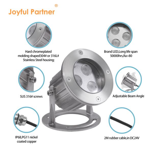 Aço inoxidável 316L Submersível Iluminação de lago subaquático 6W LED Fonte luz