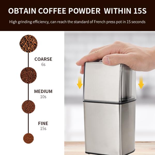 Silver 304 Stainless Steel Electric Coffee Grinder Lid Press Button Coffee Bean Mill Grinder