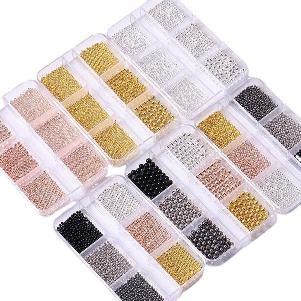 Steel Balls 3D Nail Art Decorations 6 Grid Mixed Metal Round Bead Nail Charms in Bulk