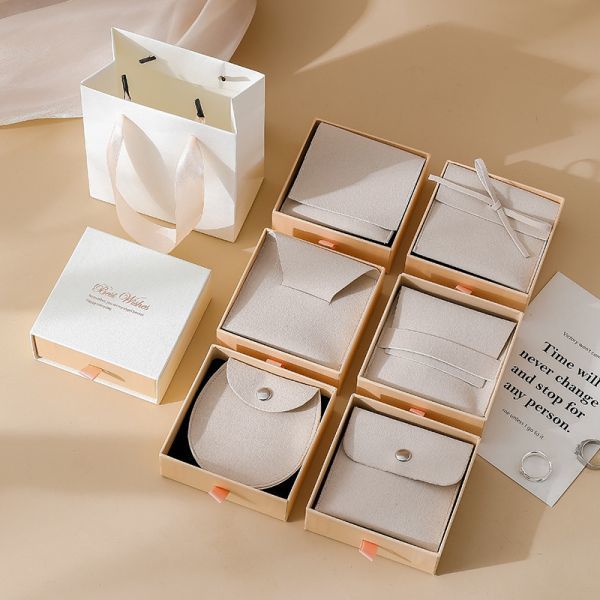 Batch Customized LOGO White Powder Jewelry Box Velvet Bag Set Light Luxury World Cover Ring Jewelry Storage Drawer Box
