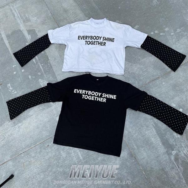 Custom Screen Print Logo Double Layer Rhinestone Long Sleeve Boxy Tshirt Distressed Tee Men Vintage Sweatshirt T Shirt for Men