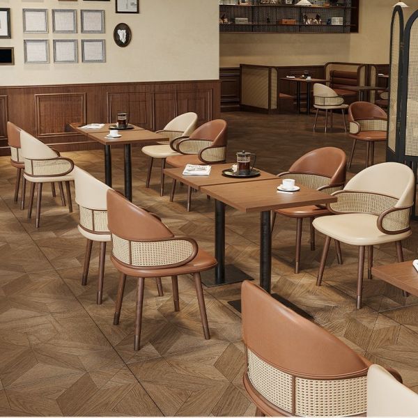 Hot Sale Custom Cafe Restaurant Furniture Table and Chair Set  Solid Wood Rattan Commercial Factory Direct