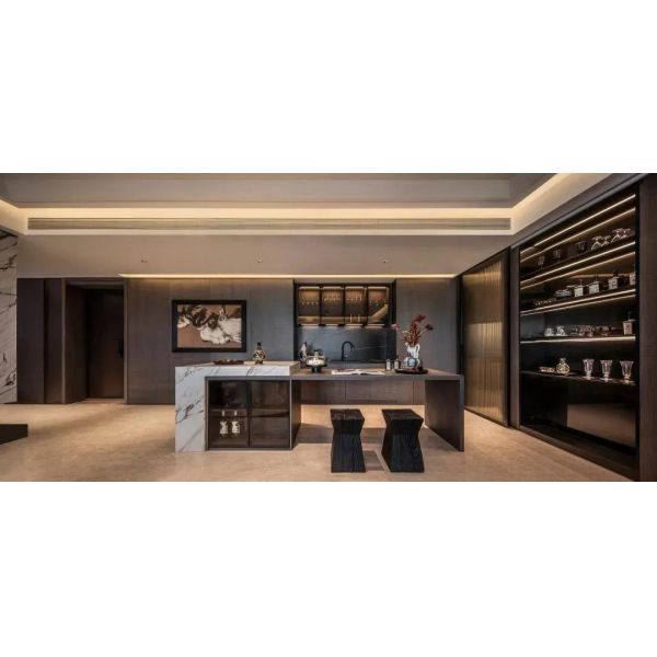 OEM/ODM CUSTOM MODERN LUXURY HOTEL LIVING & DINING FURNITURE SET | MARBLE COFFEE TABLE, L-SHAPED LEATHER SOFA, MARBLE KITCHEN ISLAND & ROUND DINING TABLE FOR VILLA & HIGH-END RESIDENTIAL