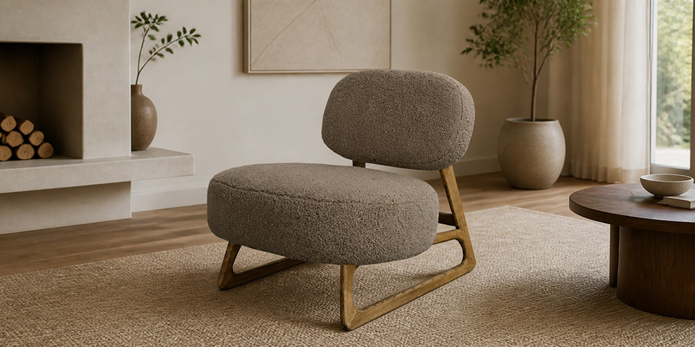 Mid-Century Brown Bouclé Armless Lounge Chair, Solid Wood  CYC-021-BRW