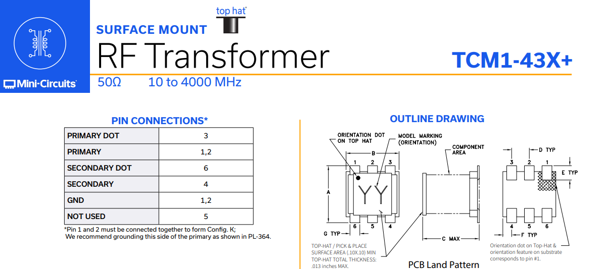 TCM1-43X+ 1:1 CORE & WIRE Transformer, 10 - 4000 MHz, 50Ω