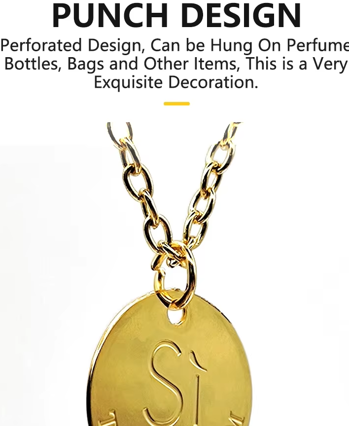 Custom Luxury Logo Charm Label Hang Tag Etching Embossed Private Gold Metal Branding For Decoration and Perfume Bottle