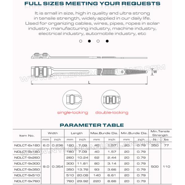 Bridas doble cierre /presillas bridas con doble cabezal plano, negras, nylon (PA) 6.6, 760 x 9mm, 110 lb, 500 N, Ø20~220mm, uso exterior