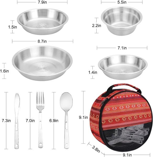 Stainless Steel Camping Plates Cups And Bowls Set. Camping Dish Set, Camping Mess Kits, Dinnerware Set
