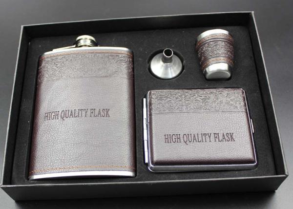 Leather 9 Oz Mens Hip Flask Set With White Wine Bottle / Cup / Funnel