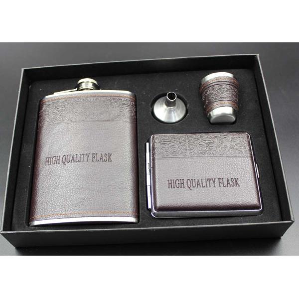 Leather 9 Oz Mens Hip Flask Set With White Wine Bottle / Cup / Funnel