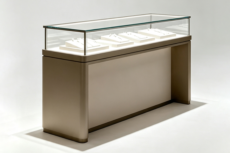 Modern Rounded Edge Jewelry Display Counter with Tempered Glass and Customizable