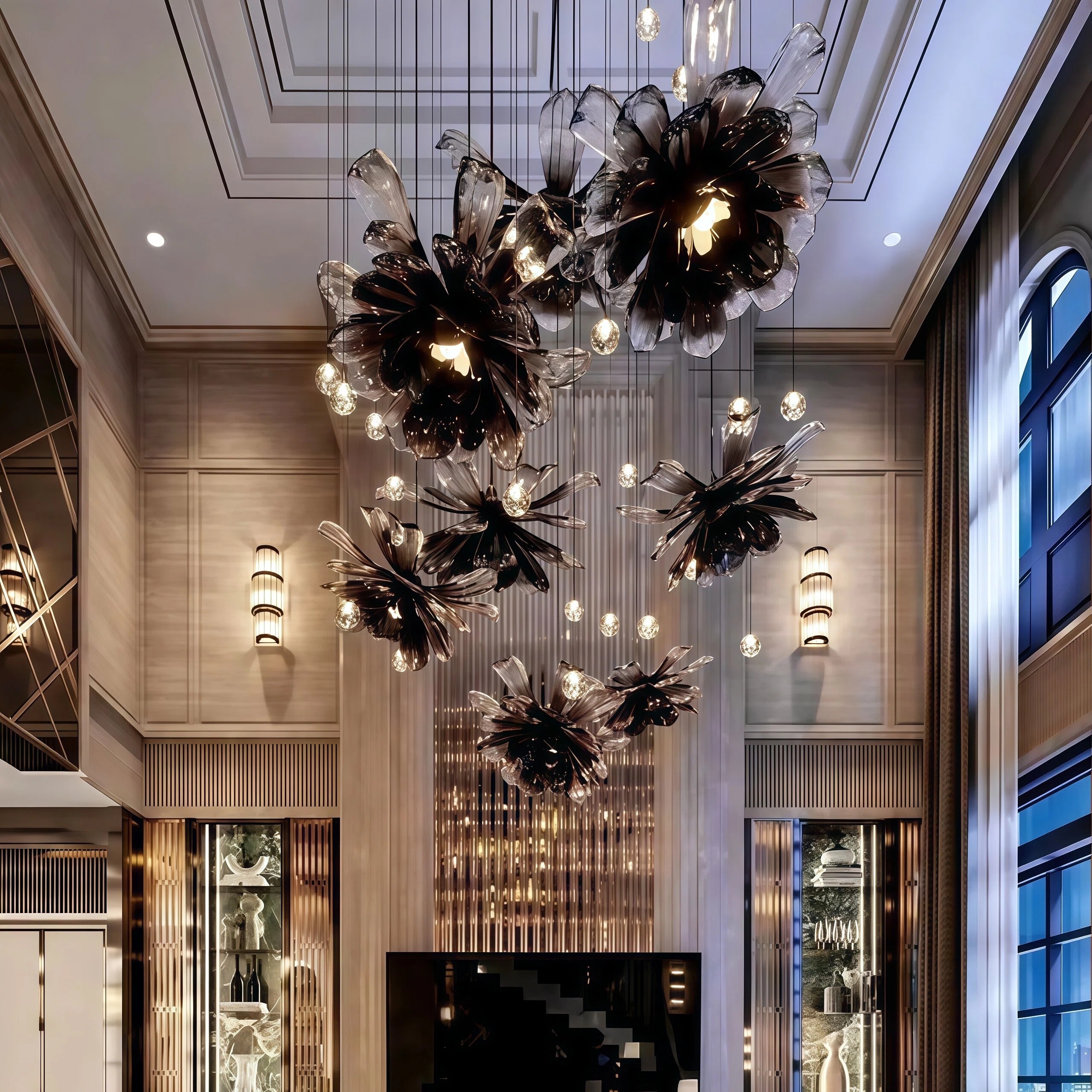 JYLIGHTING Luxury Smoky Flower Glass Chandelier, Multi-Piece Floral Hanging Light for High Ceiling Staircase, Sales Office & Lobby Decoration