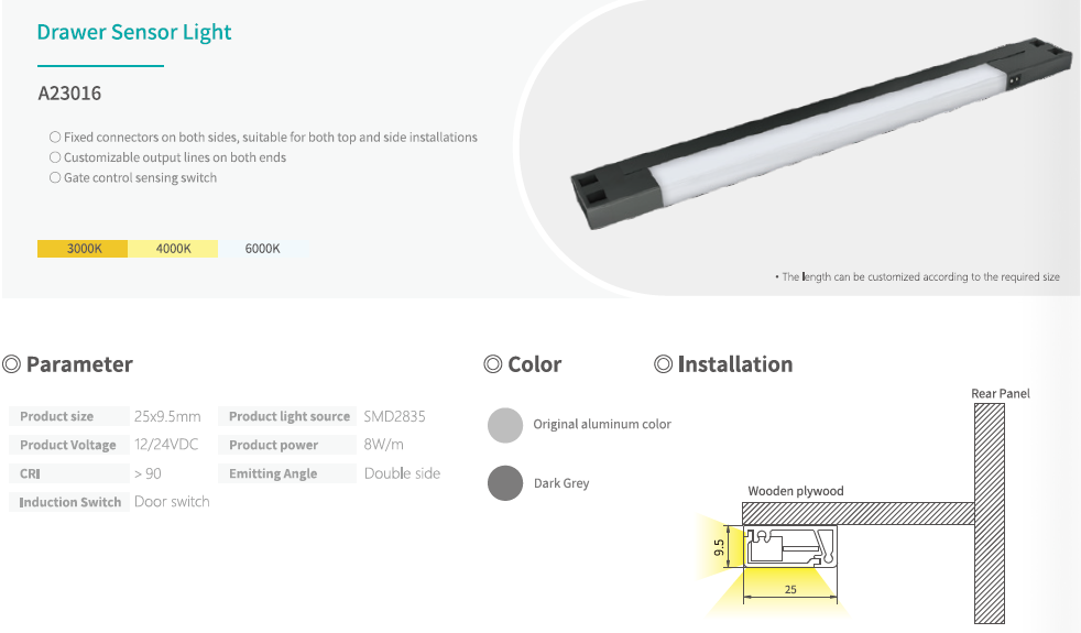 Double Sided Drawer LED Sensor Light RA90+ DC12V24V Door Activated Custom Length