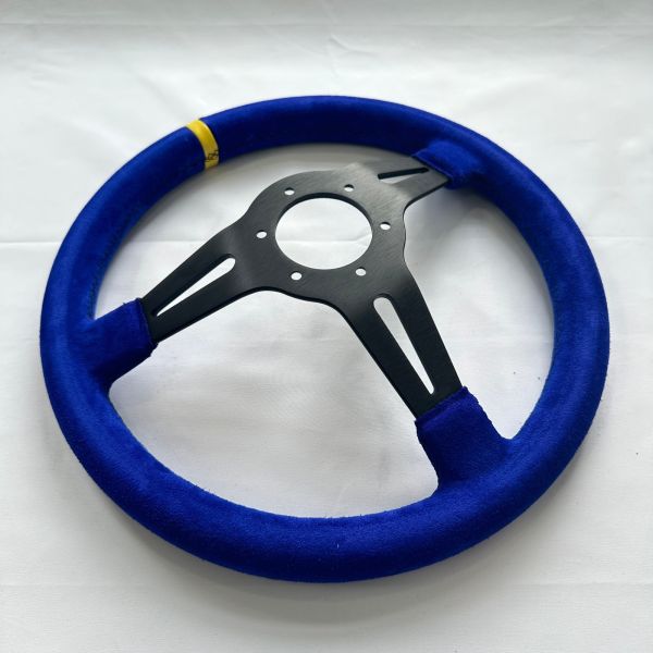 DELUXON Universal Blue Suede Racing Steering Wheels 350mm 70MM Dish 6 Bolt With Black Stitching Black Spoke 