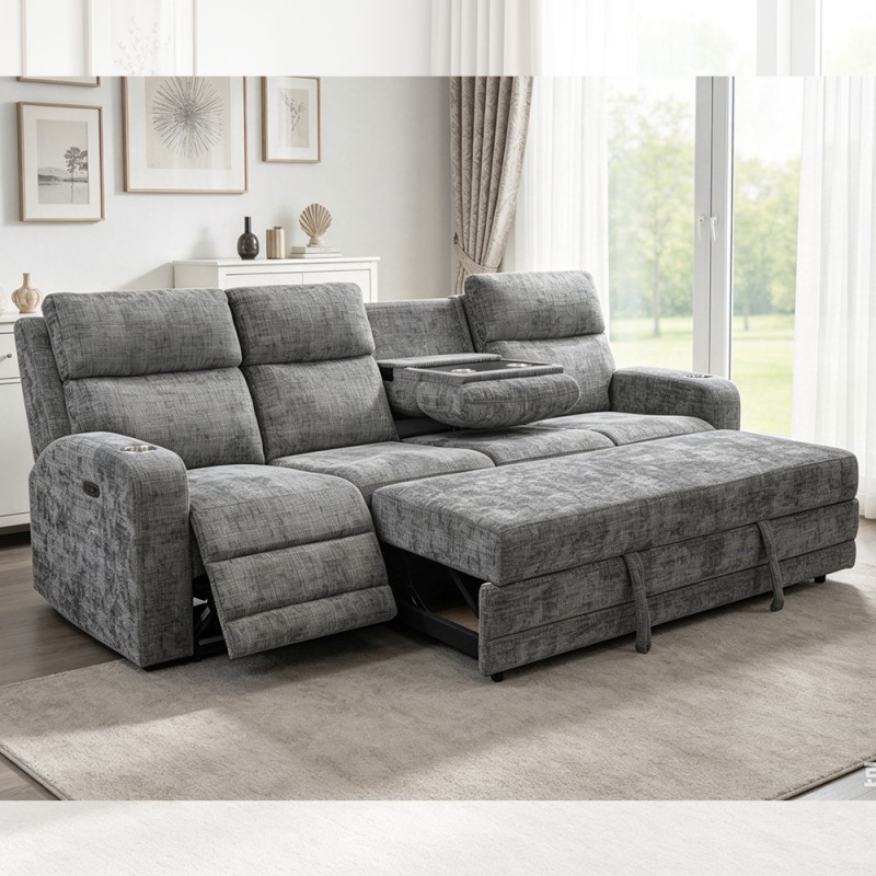 Big Sectional Sleeper Sofa with Pull-Out Bed and Power Recliner Chair, Metal Gray Fabric