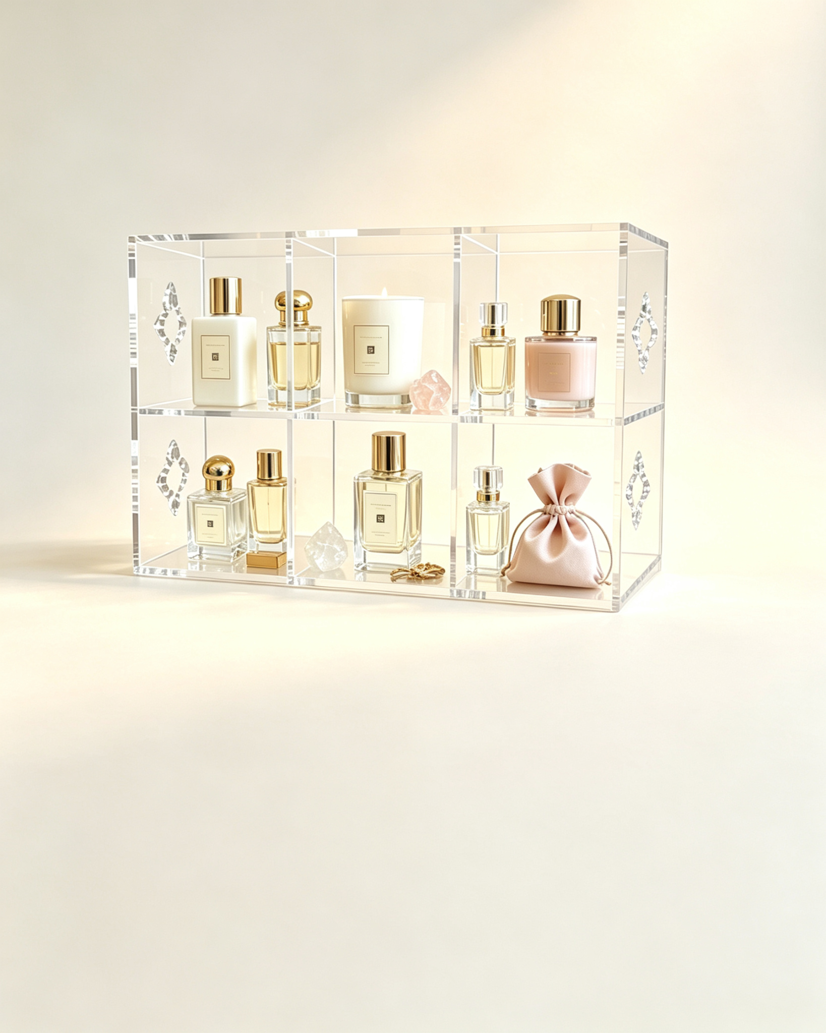 Acrylic 9 Grid Display Cabinet, Clear Cube Organizer for Crystals, Perfume, Jewelry & Collectibles