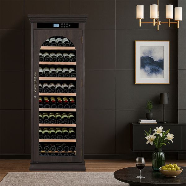 Dark Brown Solid Wood Freestanding Wine Cooler Cabinet with Arched Glass Door and Digital Control Panel