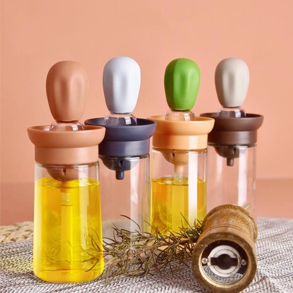Silicone Brush Lid Empty 180ml Glass Olive Oil Bottle For Kitchen Cooking