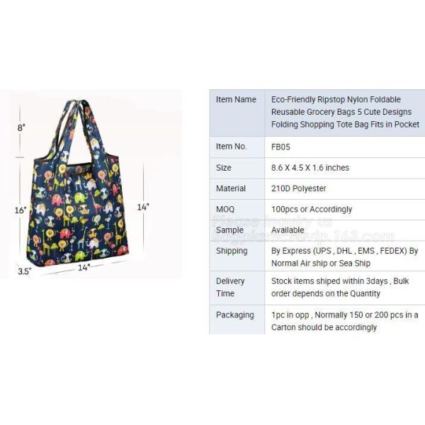 ECO Friendly nylon foldable reusable grocery bag 5 cute designs folding shopping tote bag fits in pocket bagease package
