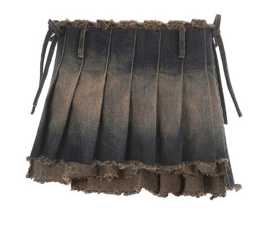 Small Quantity Garment Manufacturer Irregular Denim Pleated Skirt For Women With Belt