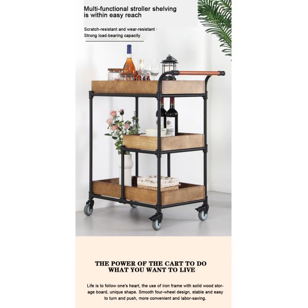 MOYI Customized Iron and Wood Trolley Quality Wooden Cart with Wheels for Hotels and Bars