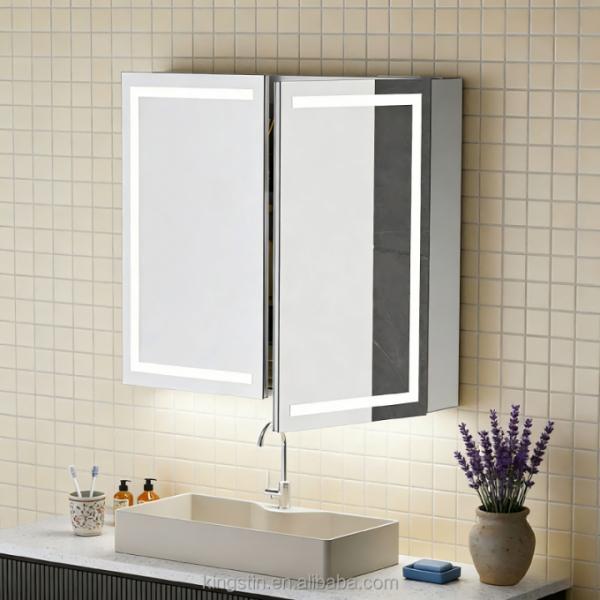 Kingstin LED Lighted Bathroom Mirror Cabinet Wall-Mounted Double Door with Storage & Anti-Fog Illuminated Vanity Mirror