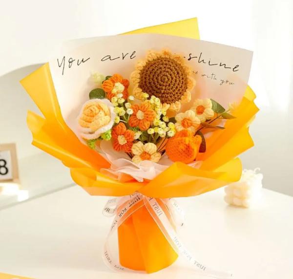 Already Made Artificial Woven Blue Rose Crochet Flower Bouquet for Anniversary Valentines Day Gift