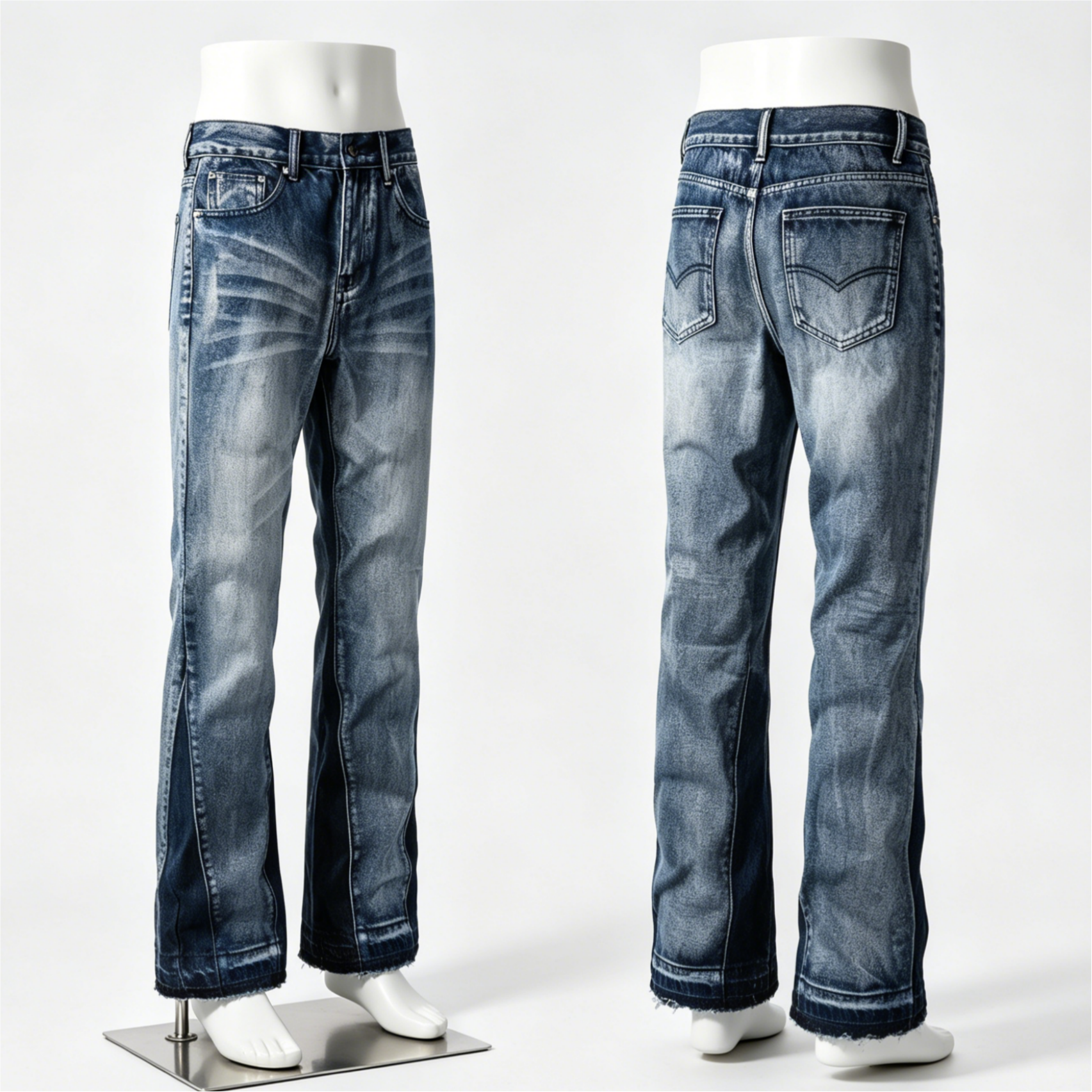 Flare Patchwork Denim Jeans Mid Rise Streetwear Denim Pants With Whisker Detailing