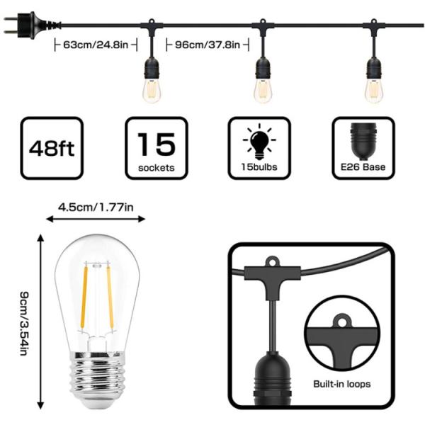S14 Outdoor Waterproof Lamp String 15M 15 Head Festival Decoration Outdoor Waterproof Lamp String