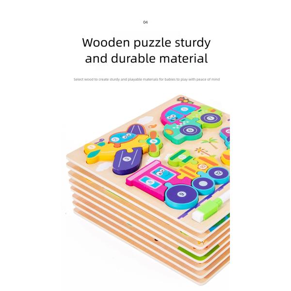 Montessori 4-in-1 Children's Wooden 3d Puzzle Early Education Cartoon Jigsaw With Drawing Board Certified En71 Games for Boys