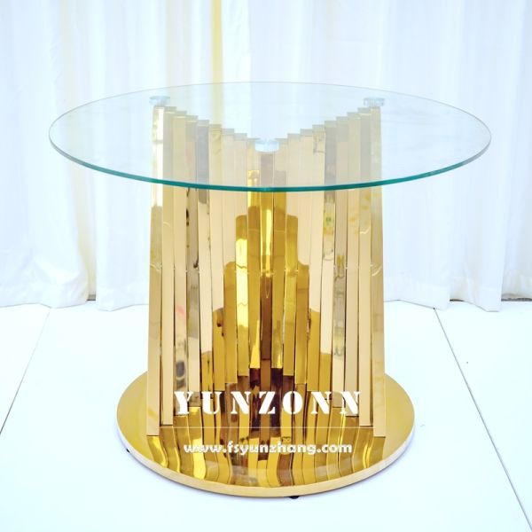 White Glass Wedding Display Cake Table with Round Gold Nest Base Stainless Steel for Hotel Furniture