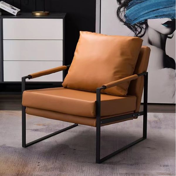 Accent Style Mid Century Living Room Armchair Brown Leather Metal Frame Bedroom Occasional Chair Contemporary Seating
