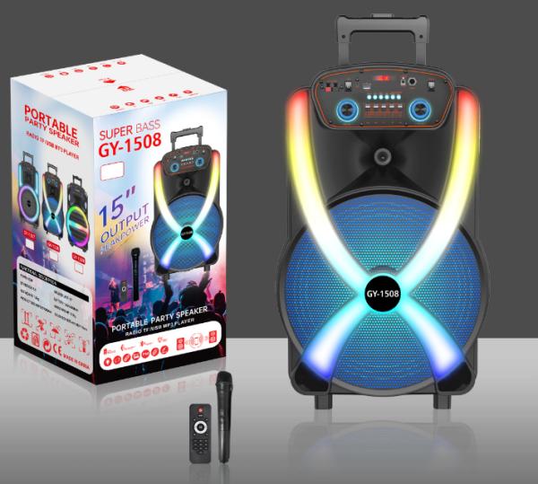 50W Portable Party Speaker with 18-inch Bass Speakers 7.4V 3600MAH Lithium Battery and 15*1 Inch With Pull Rod + Woofer*1 Bass Configuration