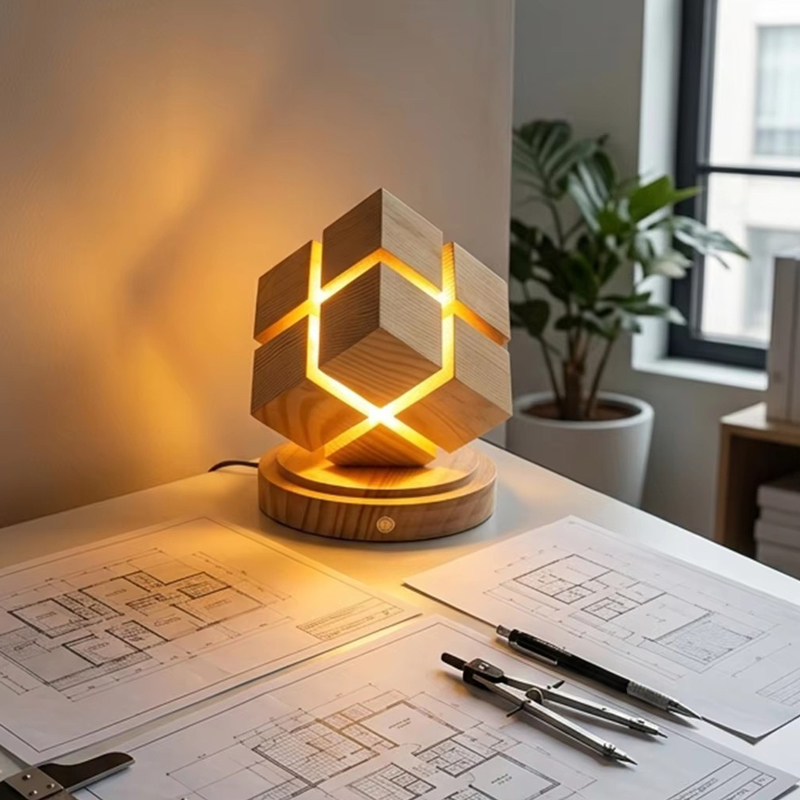 Wooden LED Cube Table Lamp USB Dimmable Rechargeable Desk Lamp Creative Geometric Night Lights for Bedroom Decor Accent Lighting
