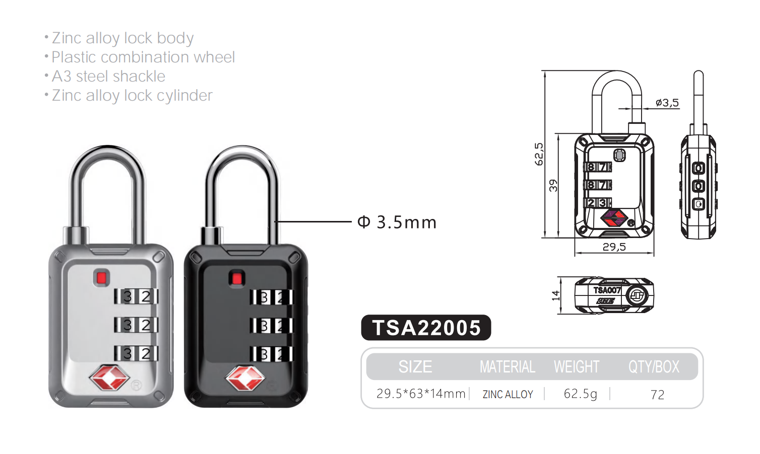 Rarlux TSA Padlock 3 Digital Password Anti-Theft Zinc Alloy Luggage Suitcase Combination Padlock