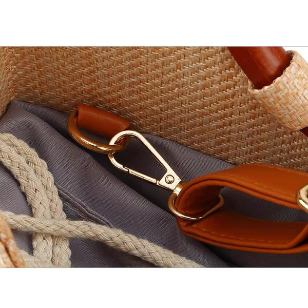 Women's Bag Woven With Grass And Wooden Handle For Leisure Featuring Fashion Designs