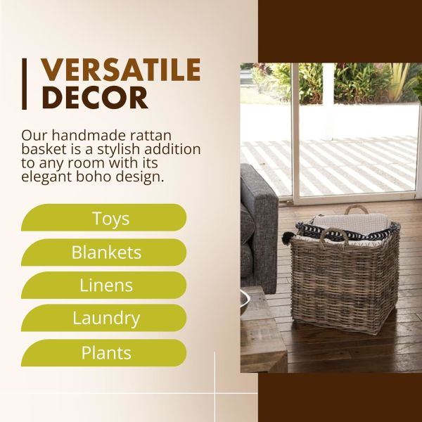 Large Square Rattan Basket, Handmade, Living Room, Blankets, Toy Bin, Extra Storage, Decorative Storage, Laundry Basket, Linens, Gray & Brown, Large