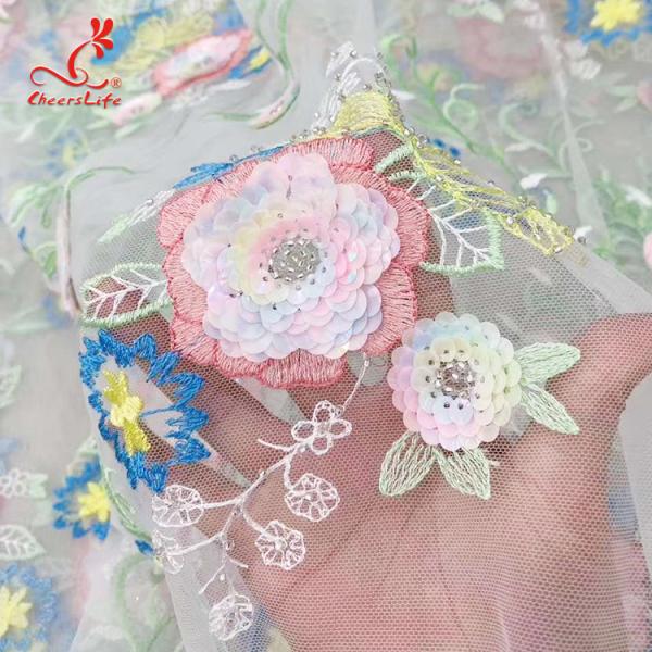 Colorful Floral Embroidery Fabric With Sequins Swiss Mesh Volie Lace