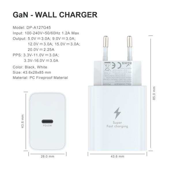 Mould Privado 45W GaN Carregador de Parede USB-C Para MacBook Pro/Air IPad Pro Galaxy S23