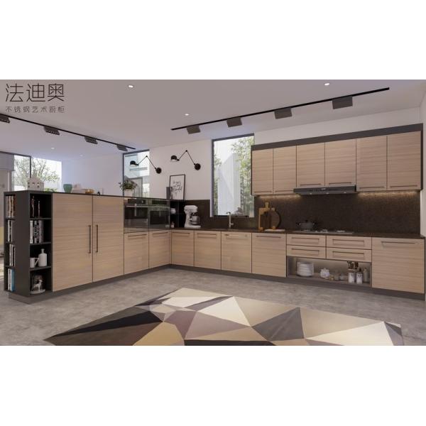 Wood Grain Stainless Steel L-Shaped Kitchen Cabinet With Black Handles