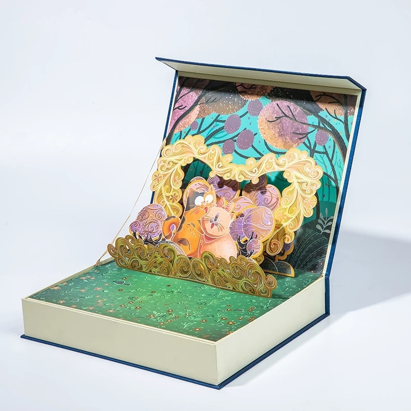 Book Style Rigid Gift Boxes With 3D Pop Up Greeting Card And Inner Sub Boxes