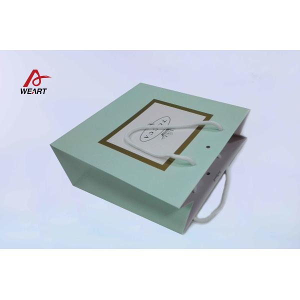 Boutique Store Fresh Green Customized Recycled Paper Bags With White Color Cotton Handle