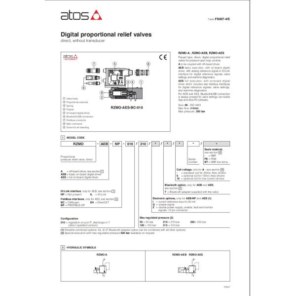 Las válvulas de alivio proporcionales digitales ATOS de acción directa RZMO-A RZMO-AEB RZMO-AES