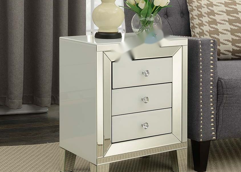 Mirrored Nightstand with Three Drawers in White Glass & Silver Mirror